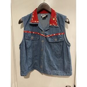 Vtg 90s Floral Vest Denim Patchwork Flower Daisy Women's Size 16 Cottage Country